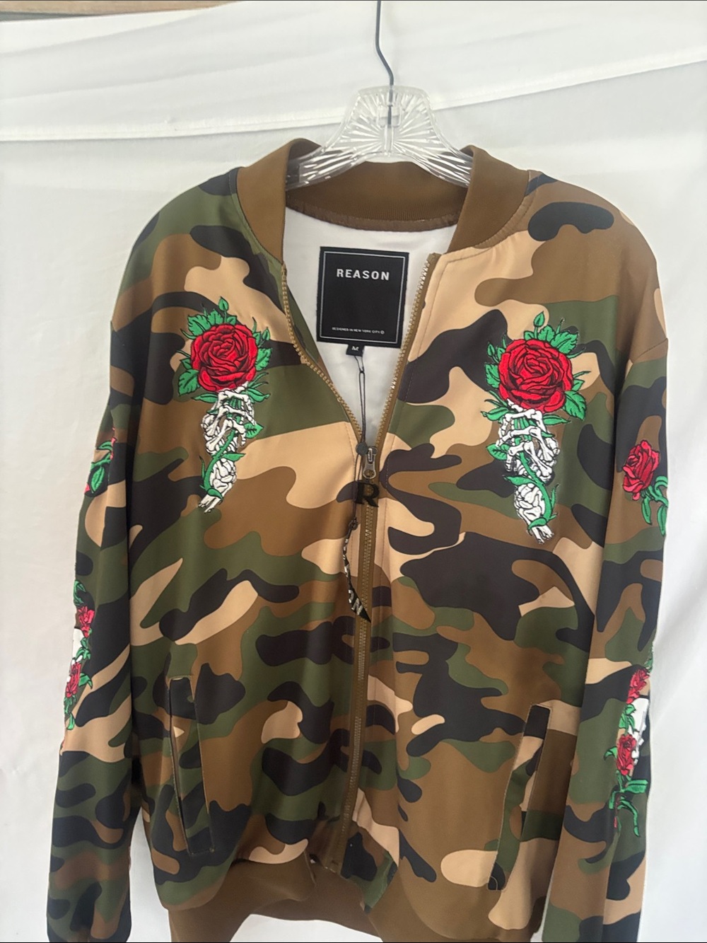 Reason Camouflage Bomber Jacket with Red Rose Embroidery New With Tag.